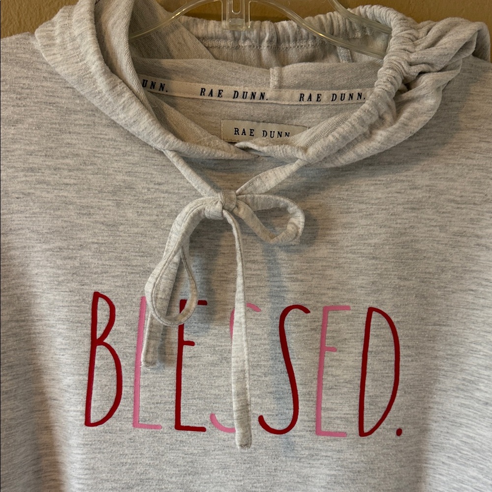Rae Dunn Blessed Hoodie Sweatshirt Heather Gray Red Script Drawstring Small - Picture 3 of 10